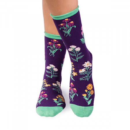 Flori - Șosete Fine din Bumbac organic cu model floral Mov
