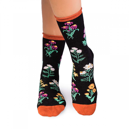 Flori - Șosete Fine din Bumbac organic cu model floral Negru