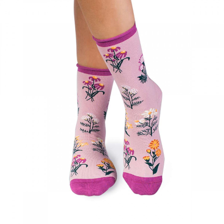 Flori - Șosete Fine din Bumbac organic cu model floral Roz