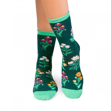 Flori - Șosete Fine din Bumbac organic cu model floral Verde