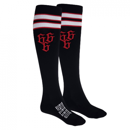 Sosete Barbati - Sosete lungi pana sub genunchi cu imprimeu 666 Rosu Negru