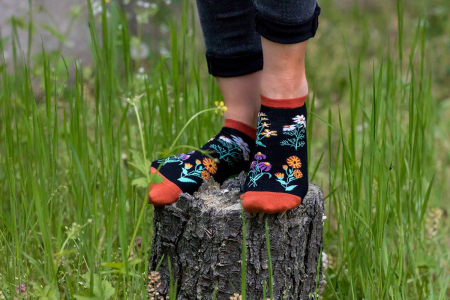 Flori - Sosete scurte bumbac, model floral, Negru