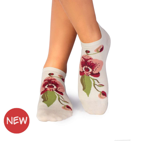Sosete Dama - Sosete Scurte din Bambus cu Orhidee Ecru