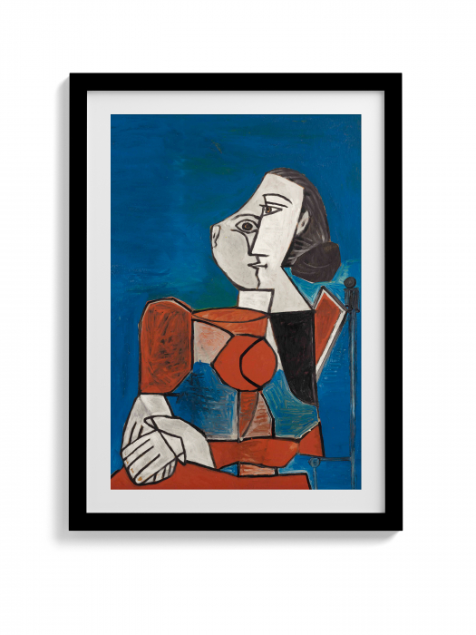 Femeie așezată în costum roșu - Artă modernă de Picasso pe canvas. [1]