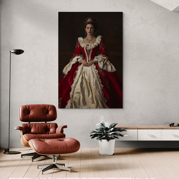 Portret Regal Personalizat – Regină în Rochie Roșie și Albă [2]