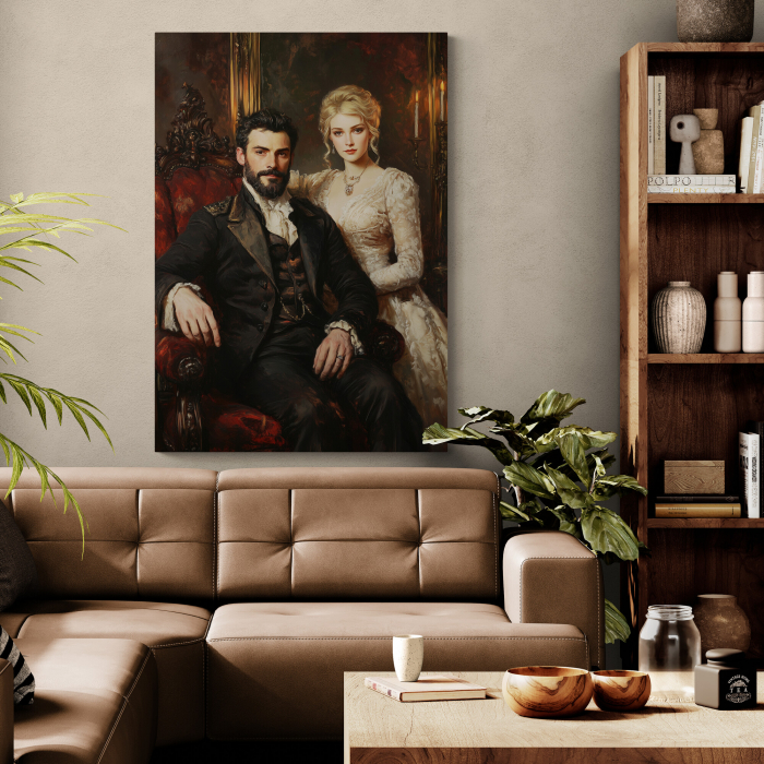 Un tablou personalizat cu un cuplu regal îmbrăcat în haine clasice, așezat pe un tron decorat. [2]