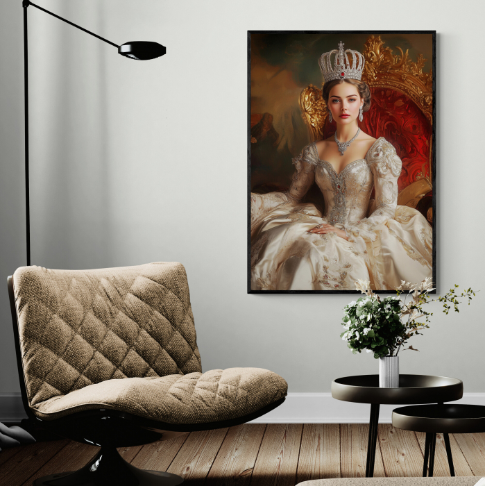 Un tablou personalizat cu o regină îmbrăcată în rochie albă și coroană, așezată pe un tron regal. [2]