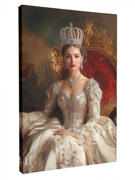 Un tablou personalizat cu o regină îmbrăcată în rochie albă și coroană, așezată pe un tron regal. [1]