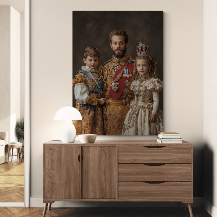 Un tablou personalizat cu o familie îmbrăcată în haine nobiliare, într-un decor sofisticat. [2]