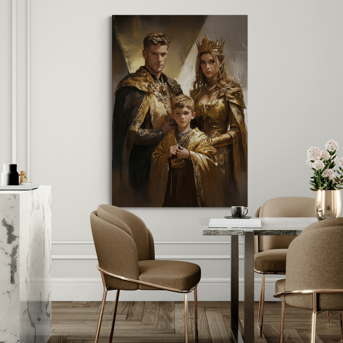 Un tablou personalizat cu o familie regală în haine aurii, decoruri de lux și coroane. [2]