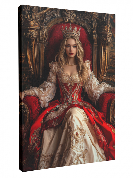 Un tablou personalizat cu o regină îmbrăcată în rochie roșie și albă, așezată pe un tron somptuos. [1]
