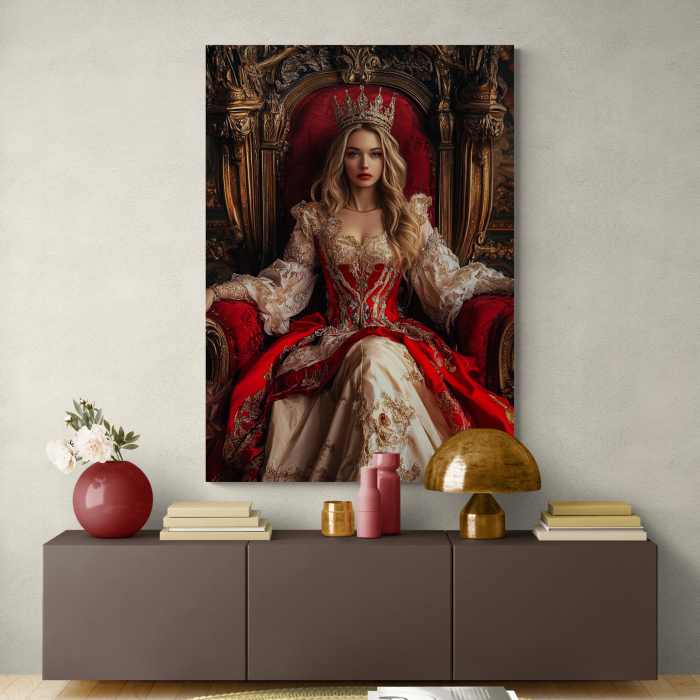 Un tablou personalizat cu o regină îmbrăcată în rochie roșie și albă, așezată pe un tron somptuos. [2]