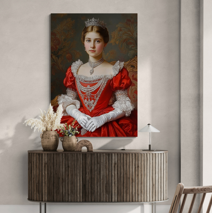 Un tablou personalizat cu o regină elegantă, îmbrăcată în rochie verde, așezată pe un tron decorat. [2]