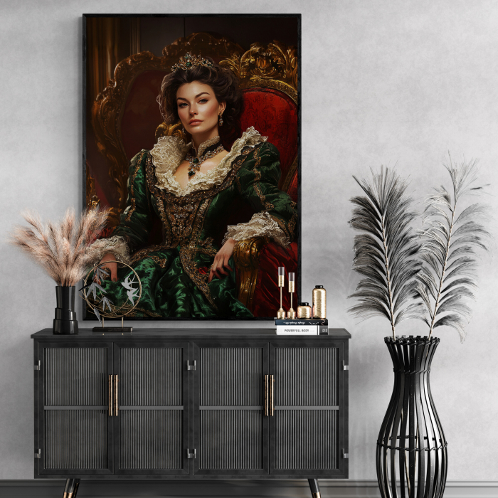Un tablou personalizat cu o regină elegantă, îmbrăcată în rochie verde, așezată pe un tron decorat. [2]