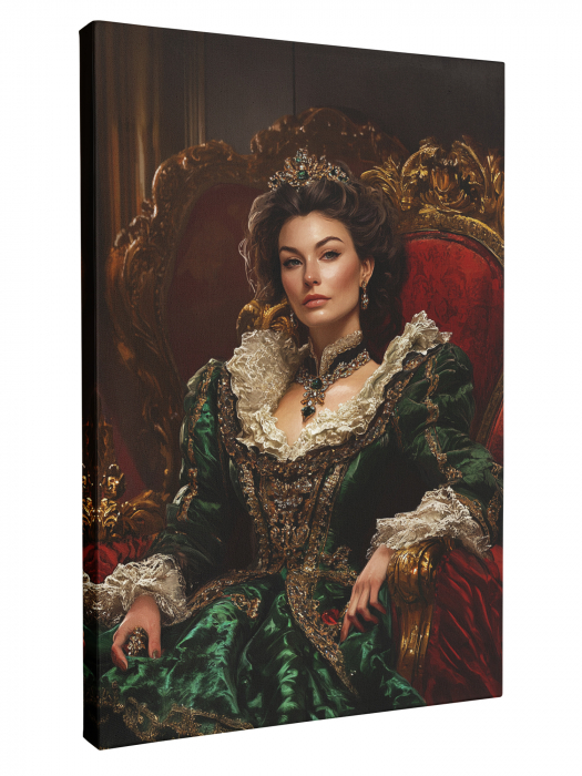 Un tablou personalizat cu o regină elegantă, îmbrăcată în rochie verde, așezată pe un tron decorat. [1]