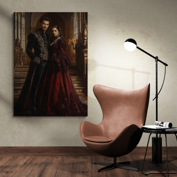 Un tablou personalizat cu un cuplu îmbrăcat în haine gotice, într-un decor de castel. [2]