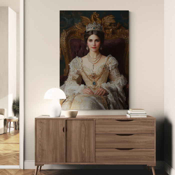 Un tablou personalizat cu o femeie îmbrăcată în rochie regală, purtând o coroană și bijuterii rafinate, pe un tron regal. [2]