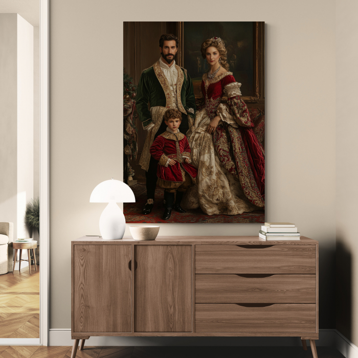 Un tablou personalizat cu o familie regală, în haine de epocă elegante, într-un decor clasic și sofisticat. [2]