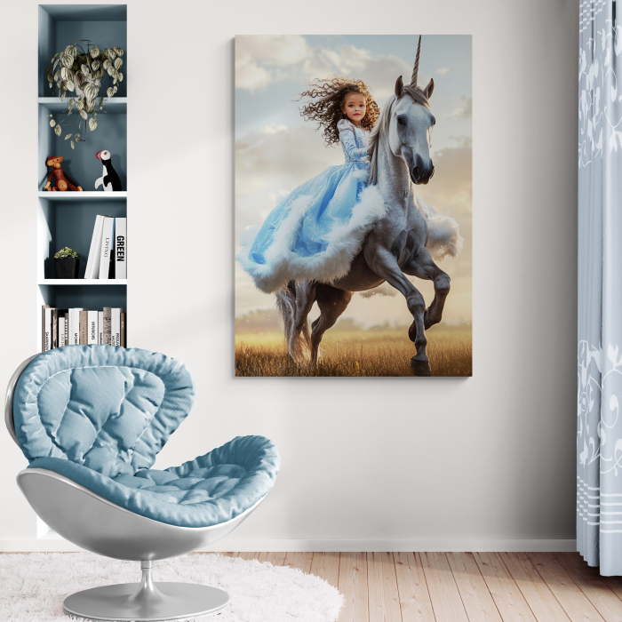 Un tablou personalizat cu o fetiță îmbrăcată ca o prințesă, călărind un unicorn alb, într-un peisaj de apus magic. [2]