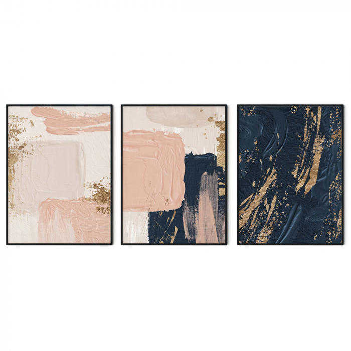 Tablouri Abstracte, print pe hartie foto Fine Art, Intaglio, set 3 postere, in tonuri de auriu, roz pal, bleumarin [6]