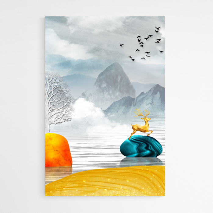 Set 3 tablouri Abstracte, print pe hartie foto Fine Art, Intaglio, postere color, cerbi in natura, munti, apa [3]