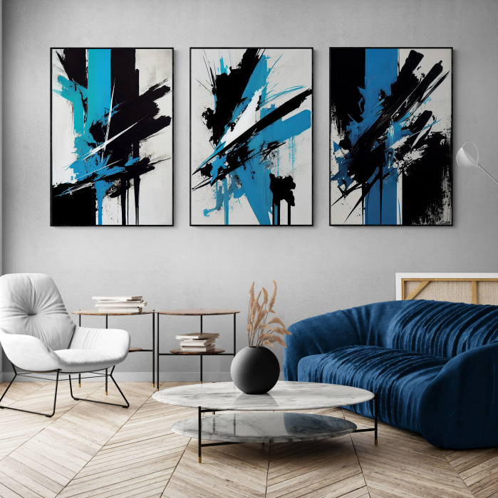 Set 3 tablouri, Intaglio, Abstracte, color, Model minimalist, nuante de albastru, printuri moderne, pentru birou [1]