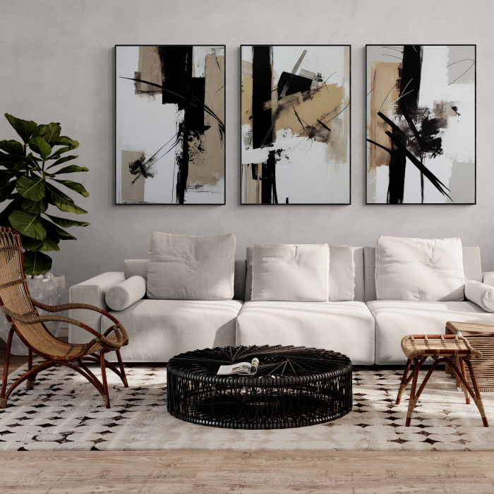 Set 3 tablouri, Intaglio, Abstracte, color, Model minimalist, nuante de crem, printuri moderne, pentru living [1]