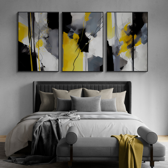 Set 3 tablouri, Intaglio, Abstracte, color, Model minimalist, nuante de galben si gri, printuri moderne, pentru dormitor [1]