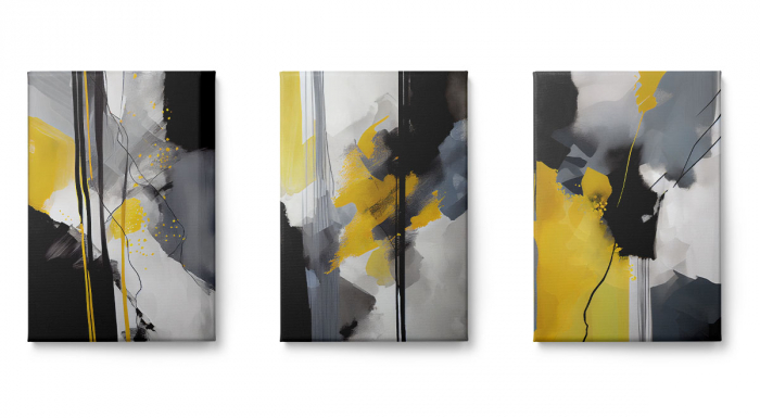 Set 3 tablouri, Intaglio, Abstracte, color, Model minimalist, nuante de galben si gri, printuri moderne, pentru dormitor [2]