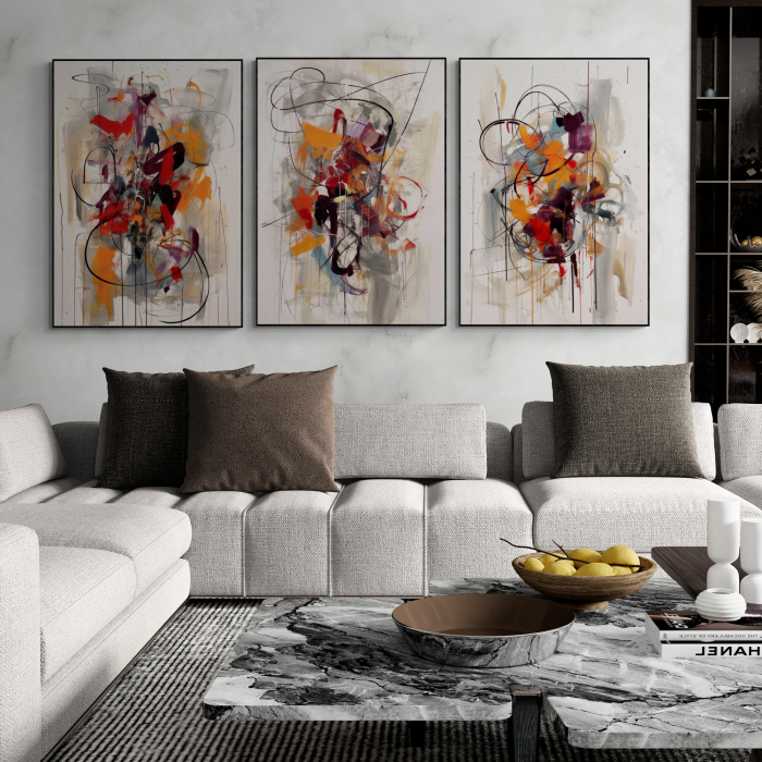 Set 3 tablouri, Intaglio, Abstracte, color, Model minimalist, nuante de portocaliu, printuri moderne, pentru living [1]