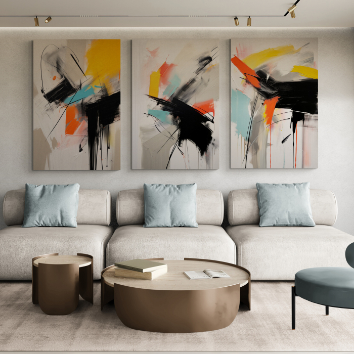 Set 3 tablouri, Intaglio, Abstracte, color, Model minimalist, nuante de galben, printuri moderne, pentru living - Copie [1]