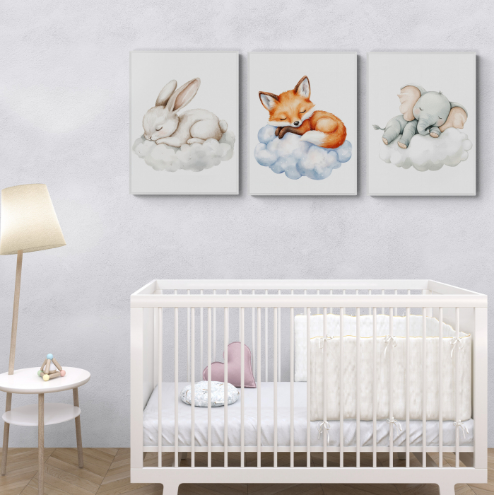 Set de 3 tablouri canvas cu animale pe nori pentru copii [1]