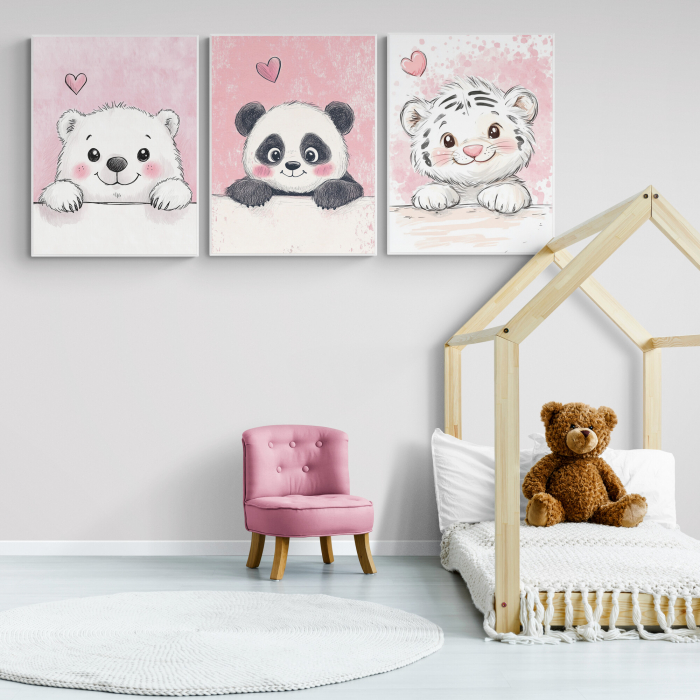 Set de 3 tablouri canvas abstracte cu panda și tigru, nuanțe de alb și roz. [1]