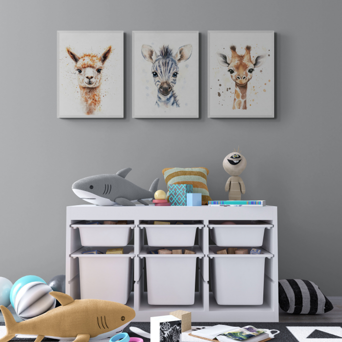 Set de 3 tablouri canvas cu zebra și girafă în stil acuarela pentru copii [1]