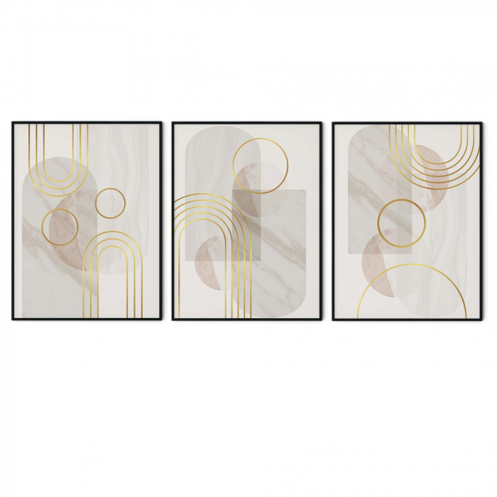 Set 3 tablouri, Intaglio, Stil Abstracte, print pe hartie foto Fine Art, Albastru Auriu, postere moderne, geometrice, pentru living [6]