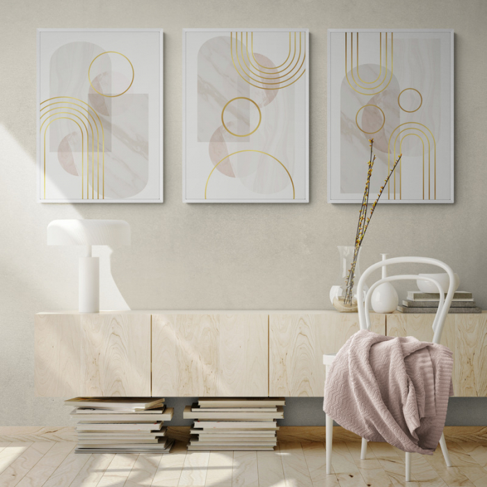 Set 3 tablouri, Intaglio, Stil Abstracte, print pe hartie foto Fine Art, Albastru Auriu, postere moderne, geometrice, pentru living [1]