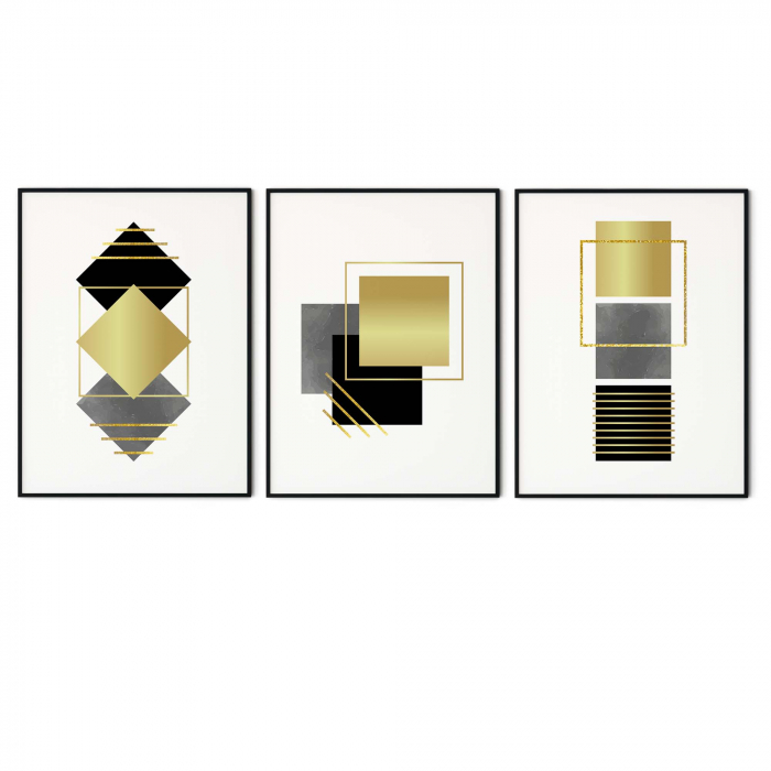 Set 3 tablouri, Intaglio, Stil Abstracte, print pe hartie foto Fine Art, Auriu, postere moderne, forma patrat gri, pentru dormitor, living [6]