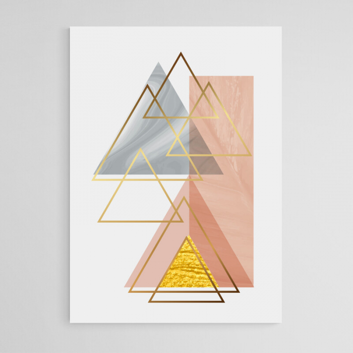 Set 3 tablouri, Intaglio, Stil Abstracte, print pe hartie foto Fine Art, Auriu, forme geometrice, triunghiuri roz, postere moderne, pentru living [5]