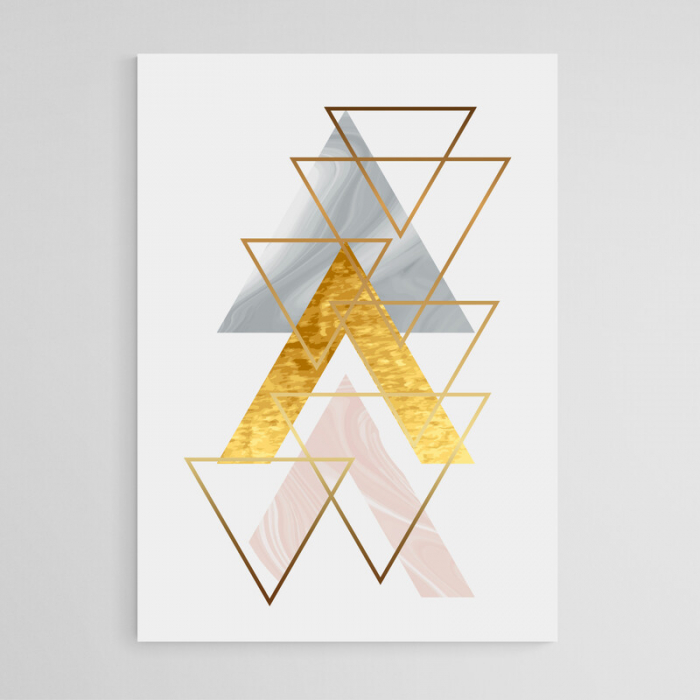 Set 3 tablouri, Intaglio, Stil Abstracte, print pe hartie foto Fine Art, Auriu, forme geometrice, triunghiuri roz, postere moderne, pentru living [3]