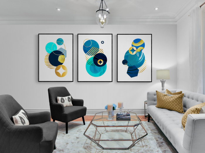 Set 3 tablouri, Intaglio, Stil Abstracte, print pe hartie foto Fine Art, Auriu, forme geometrice, cercuri albastre postere moderne, pentru living [1]
