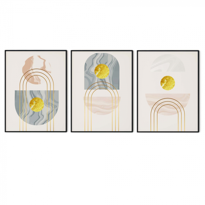 Set 3 tablouri, Intaglio, Stil Abstracte, print pe hartie foto Fine Art, Auriu, culori pale, postere moderne, minimalis, pentru dormitor, living [6]