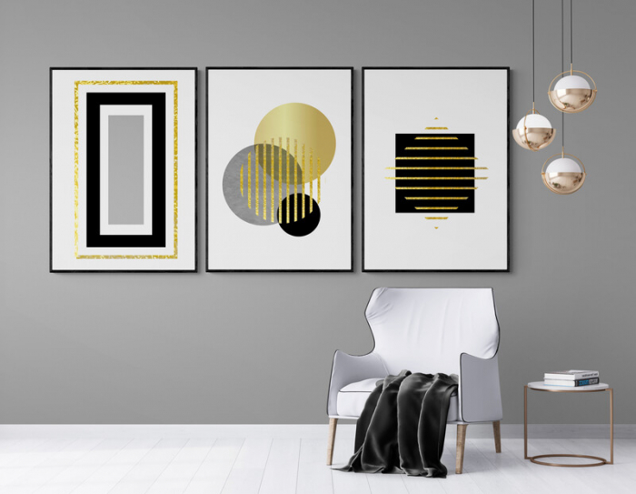 Set 3 tablouri, Intaglio, Stil Abstracte, print pe hartie foto Fine Art, Auriu, forme geometrice, postere moderne, pentru living [1]