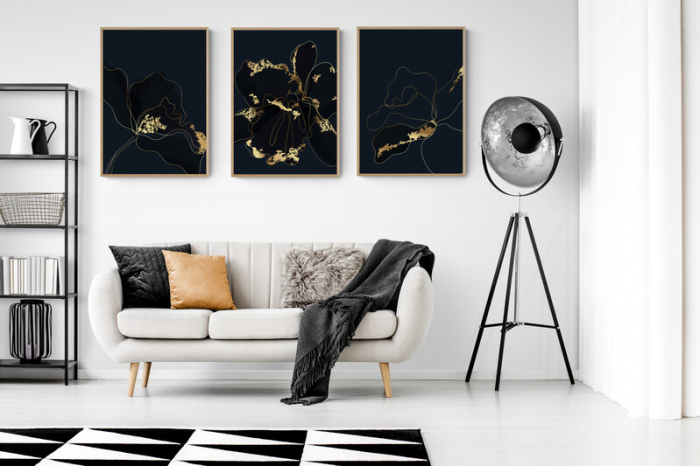 Set 3 tablouri, Intaglio, Stil Abstracte, print pe hartie foto Fine Art, Auriu, Flori pe fundal negru, postere moderne, pentru living [1]