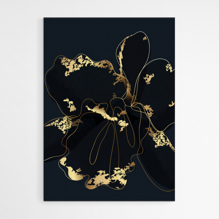 Set 3 tablouri, Intaglio, Stil Abstracte, print pe hartie foto Fine Art, Auriu, Flori pe fundal negru, postere moderne, pentru living [3]