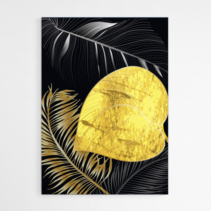 Set 3 tablouri, Intaglio, Stil Abstracte, print pe hartie foto Fine Art, Auriu, Frunze III, postere moderne, fundal negru, pentru bucatarie, hol [3]
