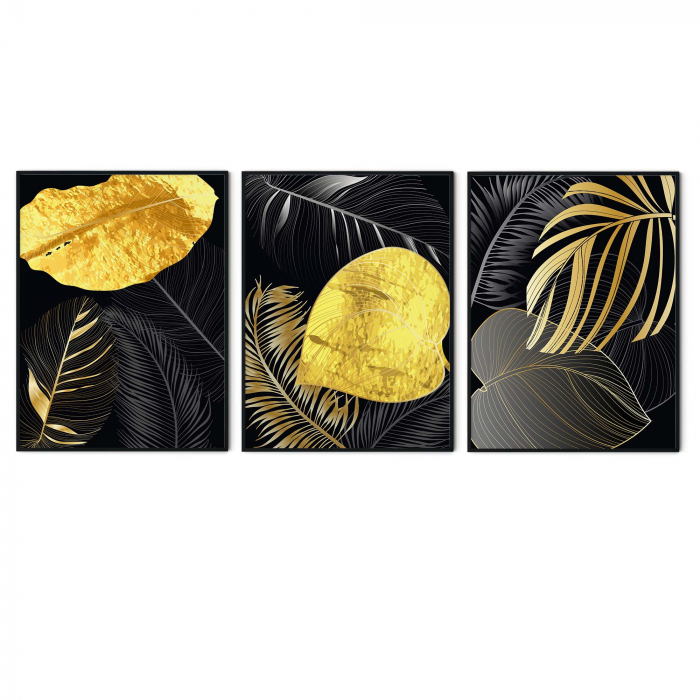 Set 3 tablouri, Intaglio, Stil Abstracte, print pe hartie foto Fine Art, Auriu, Frunze III, postere moderne, fundal negru, pentru bucatarie, hol [6]
