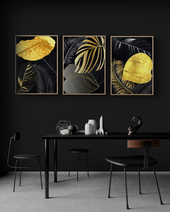 Set 3 tablouri, Intaglio, Stil Abstracte, print pe hartie foto Fine Art, Auriu, Frunze III, postere moderne, fundal negru, pentru bucatarie, hol [1]