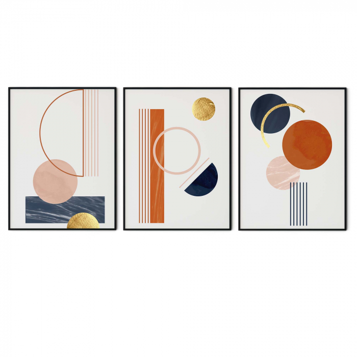 Set 3 tablouri, Intaglio, Stil Abstracte, print pe hartie foto Fine Art, Auriu, postere moderne, forme geometrice, pentru casa, birou [6]
