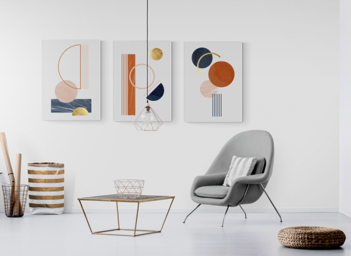 Set 3 tablouri, Intaglio, Stil Abstracte, print pe hartie foto Fine Art, Auriu, postere moderne, forme geometrice, pentru casa, birou [1]