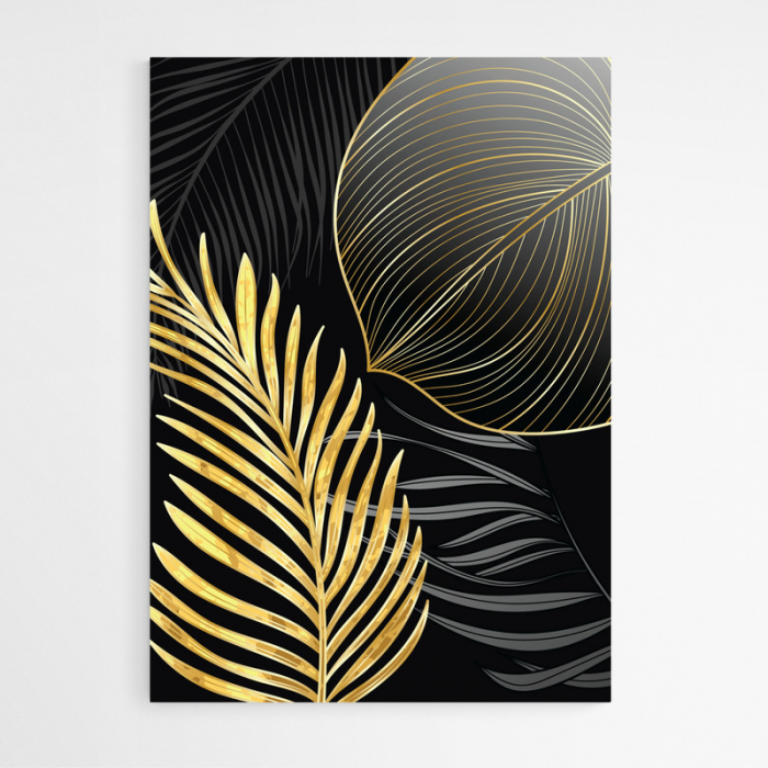 Set 3 tablouri, Intaglio, Stil Abstracte, print pe hartie foto Fine Art, Auriu, fundal negru, Frunze, postere moderne, pentru living [3]